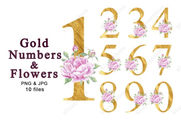 Numbers Flower Gold Peony Rose Clipart: Elevating Design with Hand-Painted Elegance